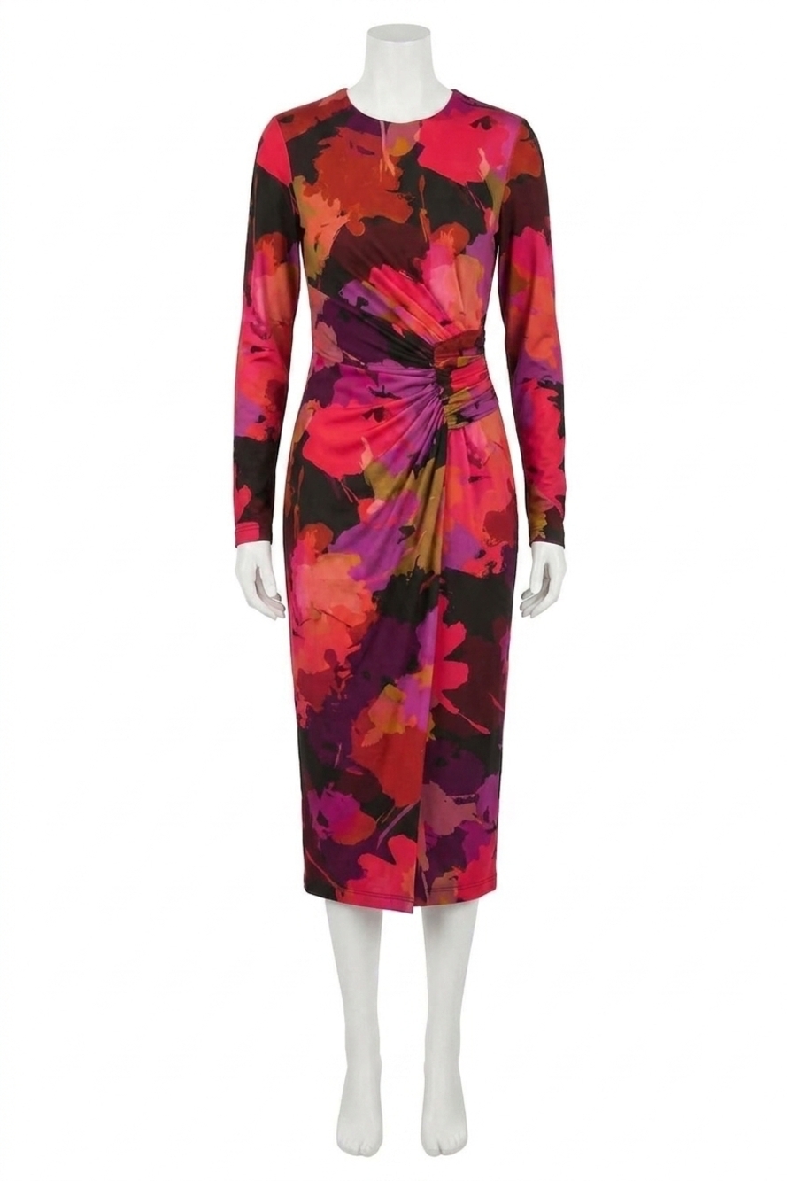 NEW JOSEPH RIBKOFF floral print scoop neck long sleeves sheath dress in black/mu